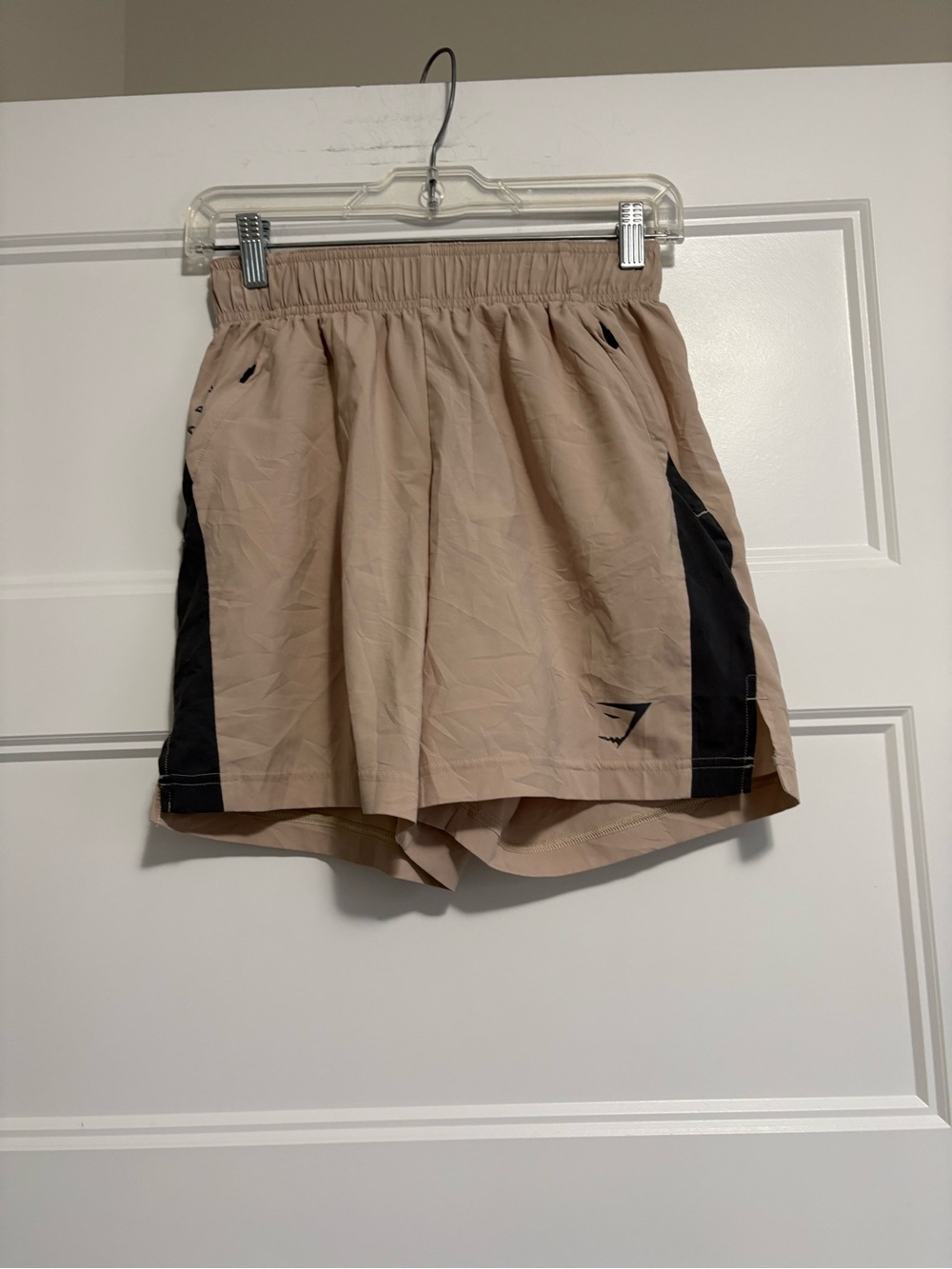 Gymshark Men’s Beige Athletic Shorts with Black Side Panels